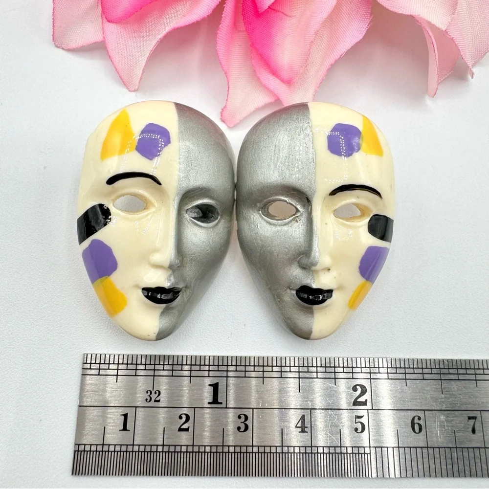 Vintage Mask Split Face Doll Carnival Earrings Artsy Avant Garde Fair Festival - Picture 8 of 10